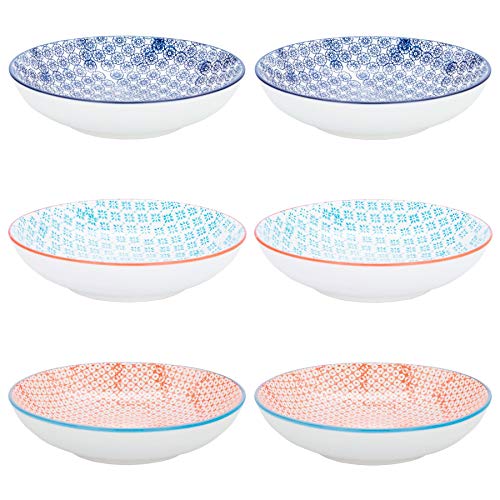 Nicola Spring Patterned Pasta Bowls - 3 Colours - Pack of 6 - Porcelain Flower Print Design Rice Serving Bowls for Cereal, Fruit, Dessert, Salad, Noodles, Snacks