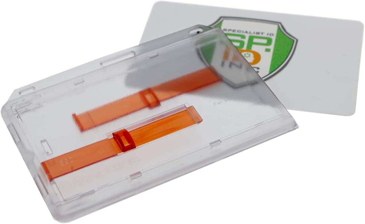 Rigid Horizontal Two Card ID Badge Holder with Double Red Extractor Slider - Clear Hard Plastic Double Sided 2 Card Protector with Easy to Slide Dispenser for Office Key Cards by Specialist ID