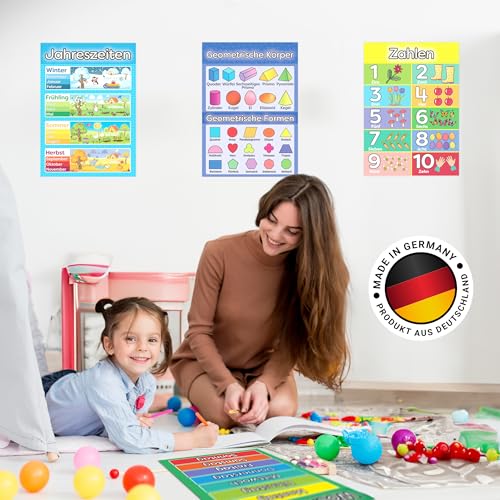 LOGIJO® 12 X pädagogische Montessori Lernposter, Set A4 mit Übungsblättern, Premium Poster Papier seidenmatt, Lerngrundlagen 1 - Alphabet, ABC, Zahlen lernen, Lernhilfe für Kinder zur Einschulung