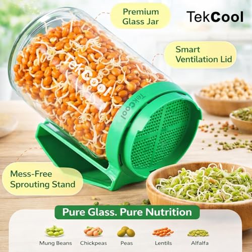 Image of TEKCOOL Sprouts Maker Glass Jar - 720ml Durable & Reusable Sprouter for All Seeds and Beans, BPA-Free with 300-Hole Mesh Lid for Airflow, Odor-Free, Easy Drainage, and Hygienic Glass Design - Green'