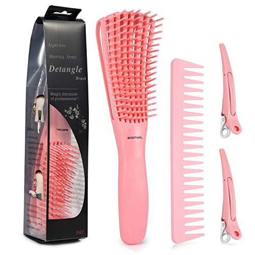 BESTOOL Original Detangler Brush Set, Detangling Brush & Comb for Defining Natural Curly Hair, Detangle Wet or Dry Afro 3a to 4c Texture, with 2 Hair Clips (Pink)