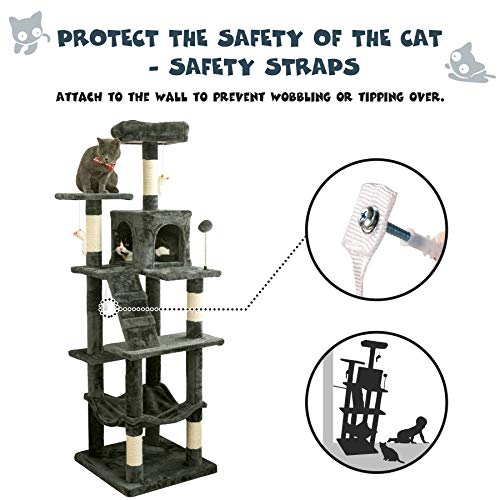 Mwpo 63.8 Inches Multi-Level Cat Tree For Large Cats With Sisal-Covered Scratching Posts, Padded Platform, Hammock And Condo,Stable Cat Tower Cat Condo Pet Play House-Smoky Gray #TOP4