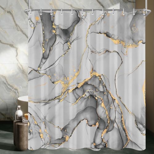 Lerores Duschvorhang 180x200 cm Grauer Marmor, Beschwerter Saum Antischimmel, Wasserabweisend, Waschbar Polyester Badevorhänge mit 12 Ösen & Duschvorhangringen für Badezimmer, Badewanne
