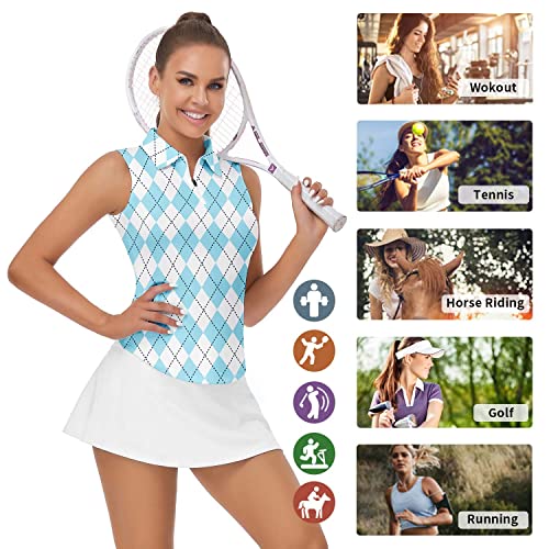 Women's Argyle Golf Shirt Plaid Polo Shirts Moisture Wicking Sleeveless Shirt Golf Clothes (Blue Argyle,Medium) #TOP4