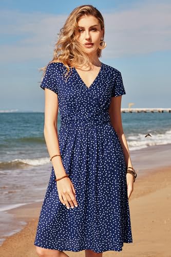 Image of OUGES Casual Summer Dress for Women Wrap V Neck A Line Midi Dresses with Pockets