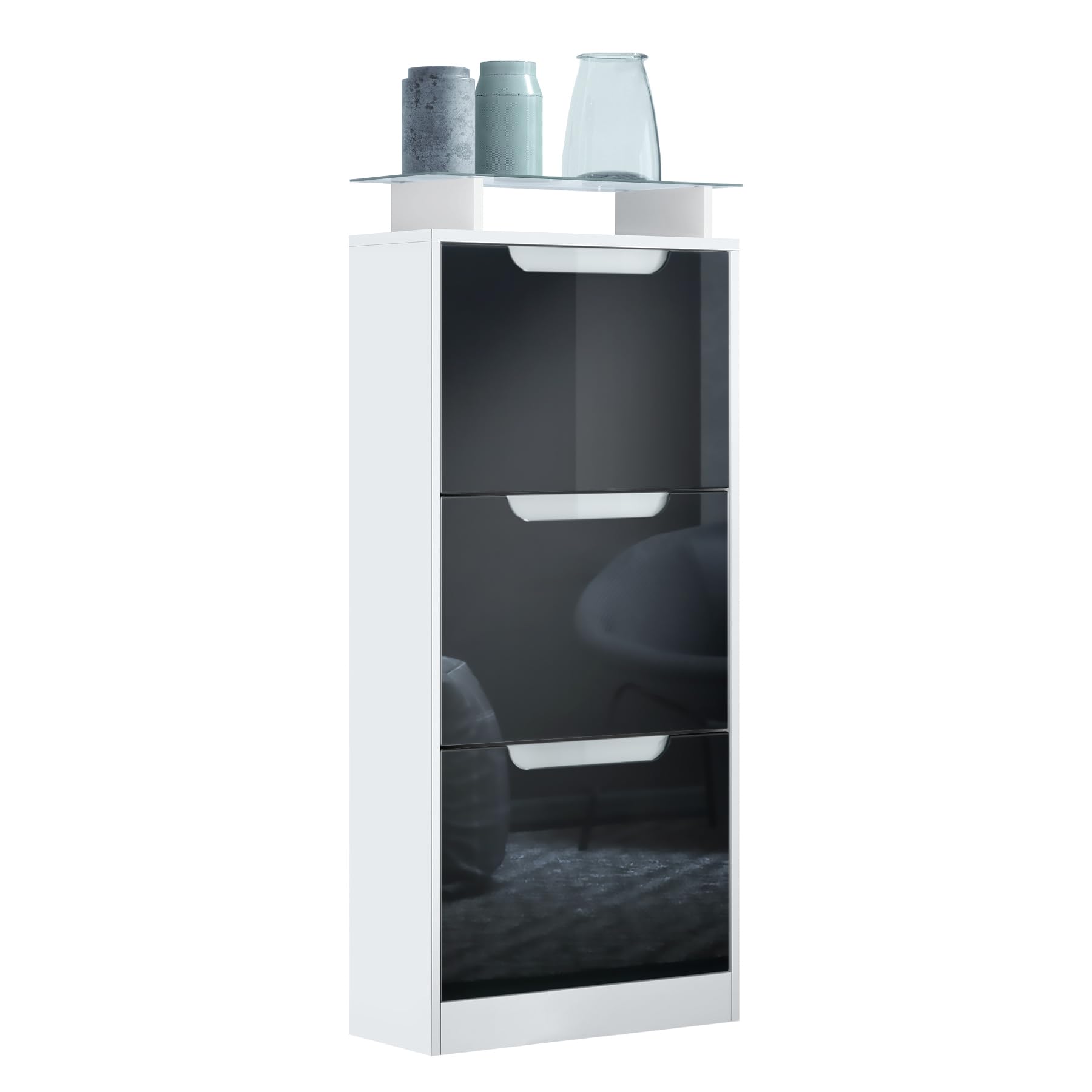 Vladon Schuhschrank Space V2, Schuhkipper für 12 Paar Schuhe mit 3 Klappen und Glasablage, Weiß matt/Schwarz Hochglanz (46 x 128 x 23 cm)