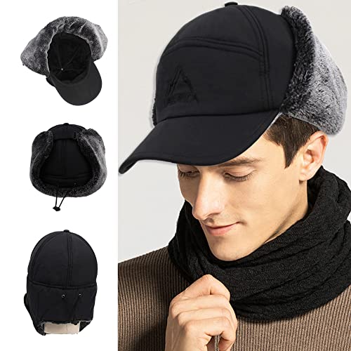 Van Caro Men's Faux Fur Earflap Winter Hat Warm Baseball Cap Hunting Hat,Black