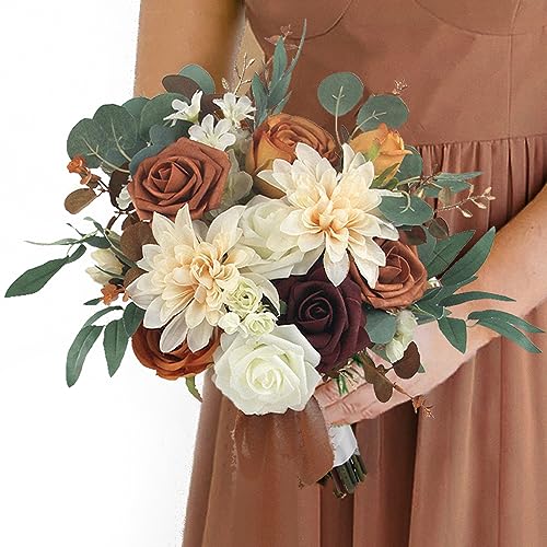 Rinlong 1Pc Fall Wedding Bouquets for Bridesmaids Burnt Orange Terracotta