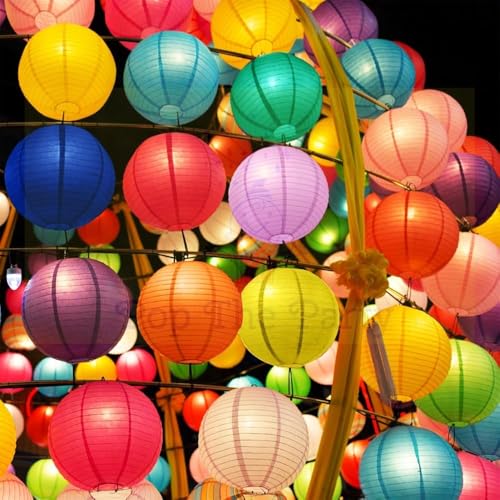 Image of Pop the Party Round Hanging Ball Paper Lantern Paper Lamp | Light Lamp | Decoration at Balcony Outdoor, Party Birthday, Multicolor Paper Hanging Lantern | (12inch, Mix Colour) - Pack of 5