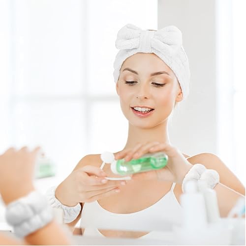 Miniatura 5 de Chuangdi 4 diademas de microfibra para spa y muñequeras para lavar la cara, puños de toalla, diademas para el cabello, puños para lavado de cara