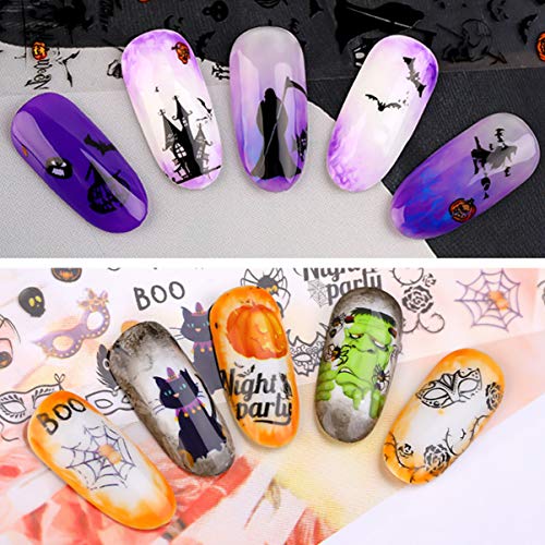 Minkissy 40 Stück Halloween Nagelfolie Transfer Aufkleber Nail Art Aufkleber Tipps Wraps Kürbis Spinne Geist Hexe… – Bild 8