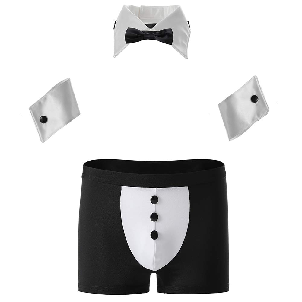 Eromate Men's Black Sexy Bow Boxer Butler Lingerie For Tuxedo Waiter Server Brief Costume Outfit - One Size