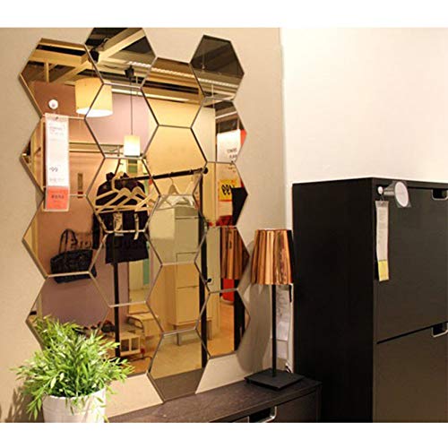 Image of Wall1ders 20 Hexagon with 10 Butterflies Gold (Each Pcs Size 12 x 10 cm) Acrylic Mirror wall Decor Sticker, wall Mirror Stickers, Hexagonal Mirror wall Sticker.