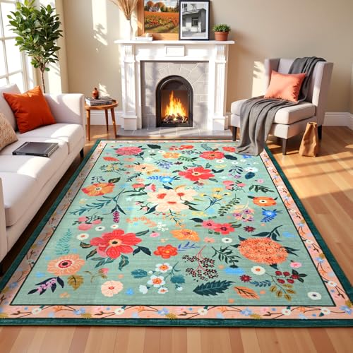 Terrug Floral Large Area Rug for Living Room, 5x7 Green Washable Rug Boho Ultra-Thin Carpet, Soft Non Slip Stain Resistant Vintage Rug for Living Room, Bedroom, Dorm, Dining Room, Office