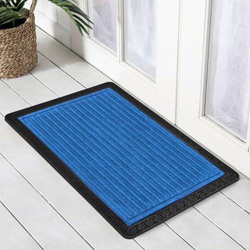 Image of Yellow Weaves 2 Pcs Door Mat for Home Entrance, Outdoor Rubber Mat - Non-Slip, Anti Skid Foot Mat, Dirt Trapper, Heavy-Duty, Weather-Resistant, Waterproof Doormat (40x60cms, Stripe, Blue Color)