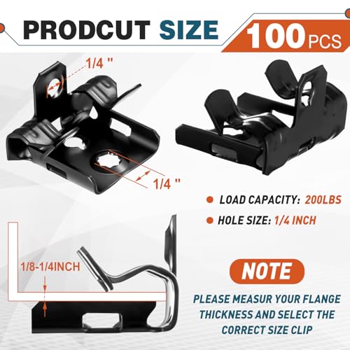 Image of Hicarer 100 Pcs Hammer on Flange Clip Bottom Mount 1 /8-1 /4 Inch Clamp Bulk with Hole Cable Clip for Flanges Spring Steel