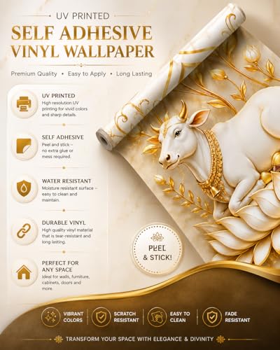 Image of Pichwai Cow Wallpaper for Mandir | Self-Adhesive Vinyl, Removable Marble Wall Sticker for Pooja Room & Temple