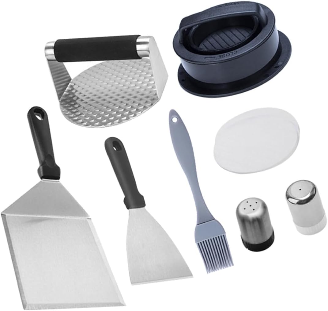Stainless Steel BBQ Tool Set with Burger Press, Cooking Spatula, and Basting Brush for Outdoor Grilling and Camping – 8pcs Barbecue Grill Accessories Kit