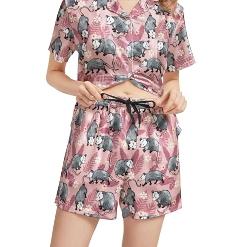 Image of Silk Satin Pajama Set for Women Summer Lounge Pjs Sets 2 Piece Suit Ladies Button Down Tops And Shorts Sleepwear