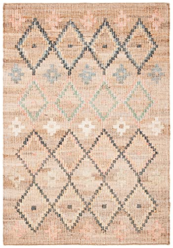 SAFAVIEH Kilim Collection Accent Rug - 2'3" x 5', Natural & Blue, Handmade Moroccan Boho Jute & Cotton, Ideal for High Traffic Areas in Entryway, Living Room, Bedroom (KLM753A)
