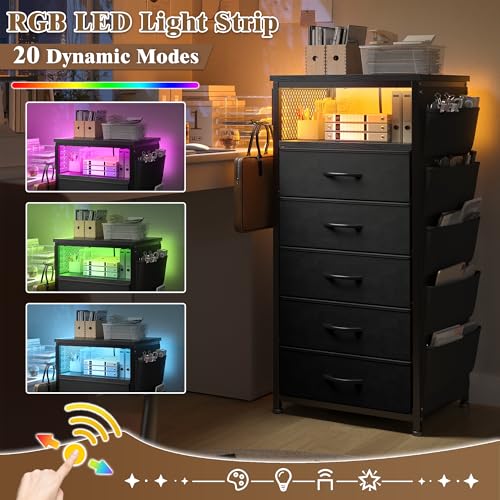 Image of EnHomee Nightstands Set of 2 with 5 Drawers, Black Dresser with Charging Station and LED Light, Tall Nightstand with Extra Side Bag & Hooks, Bedroom, Closet, Hallway, Entryway, Black