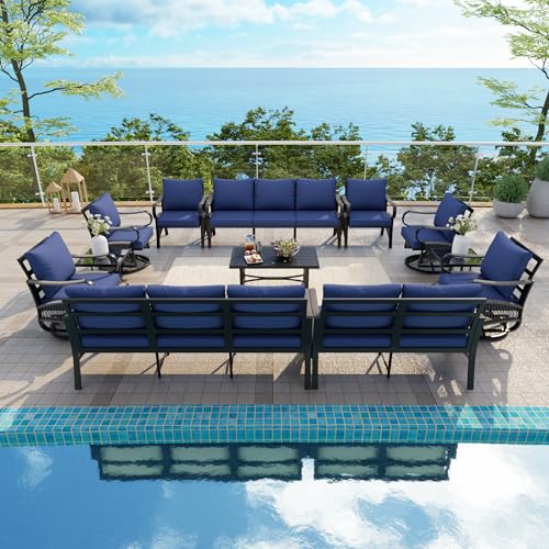 Image of 12 Pieces Patio Conversation Sets, All-Weather Metal Swivel Rocking Chairs with Rope Furniture Set, Outdoor Sofa Couch for Deck, Porch, Garden, Backyard, Poolside (Blue Cushions)