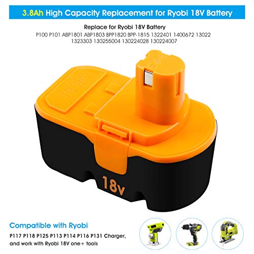 [Upgraded to 3.8Ah] 2 Pack P100 Replacement Battery Compatible with Ryobi 18V One+ Power Tools Replace for P101 ABP1803 BPP1820 1322401 1400672 130224007 1323303 Battery