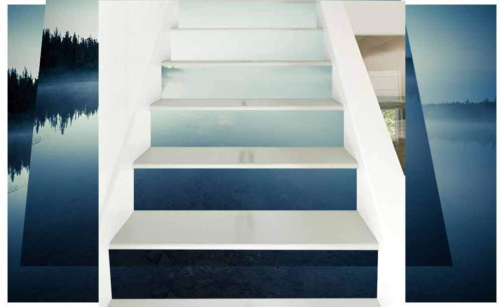 3D Stair Riser Stickers Wall Stair Stickers, Mysterious Lake Before Dawn, Staircase Stickers Stairway Decal Wallpaper L39 3 x H7 08 Inch 6PCS/Set