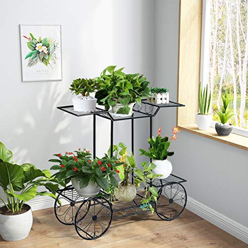 Giantex Flower Cart Metal Plant Stand With 4 Decorative Wheels, Garden Cart Iron Flower Display Rack W/ 6 Pots, Multi Flower Planter Potted Holder Organizer For Indoor Outdoor Balcony Patio Garden (6-Tier) #TOP1