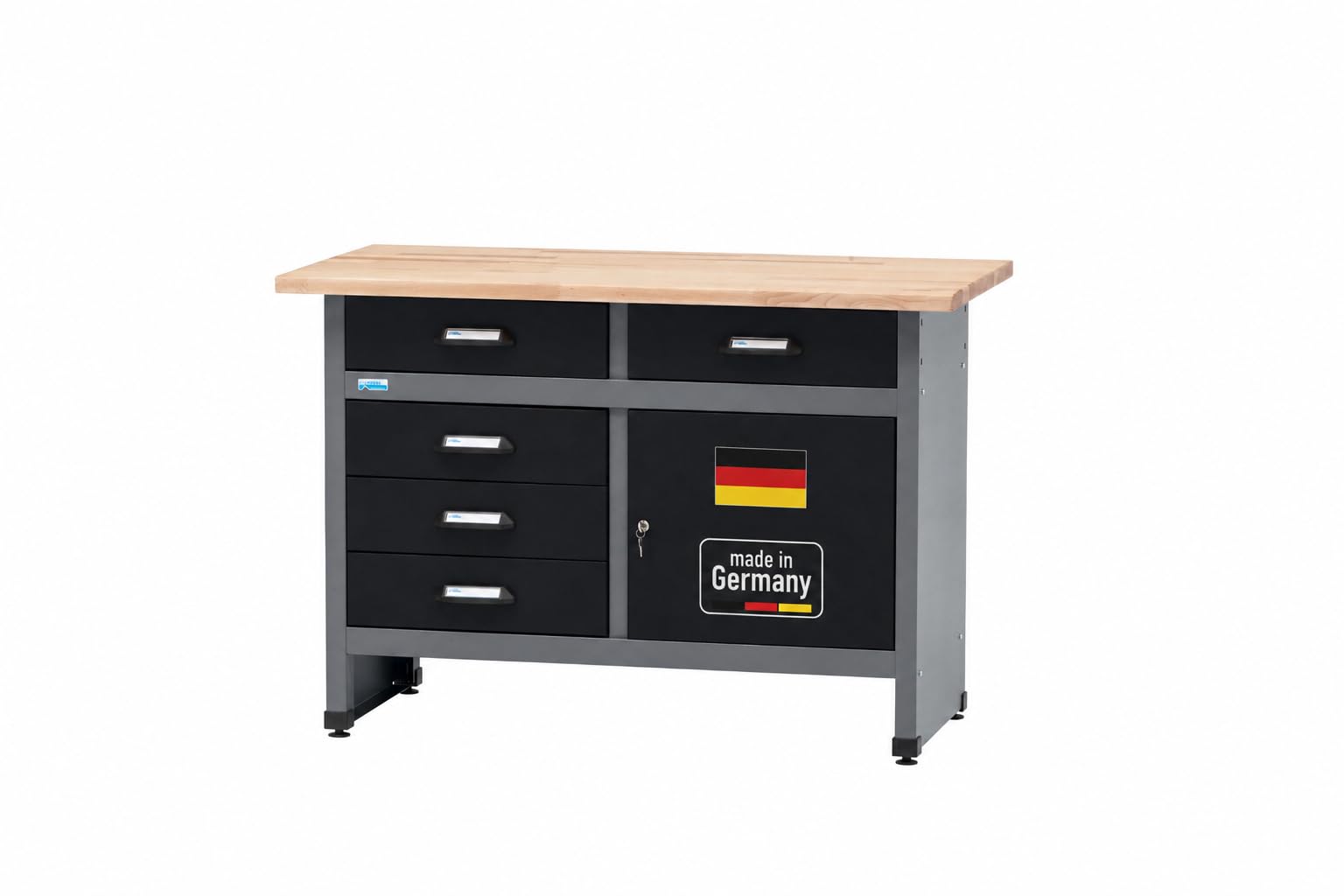 Küpper Établi 12040-5 tiroirs et 1 Porte - Charge maximale : 300 kg - Plan de Travail en hêtre Massif de 30 mm - 120 x 84 x 60 cm (Noir)