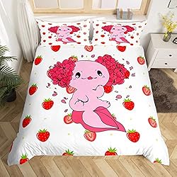 Colchas Para Adolescentes Hombres Juego de funda de edredón de ajolote de dibujos animados, tamaño doble, bonita funda de edredón con estampado de frutas de fresa roja con 2 fundas de almohada, colcha transpirable con diseño de