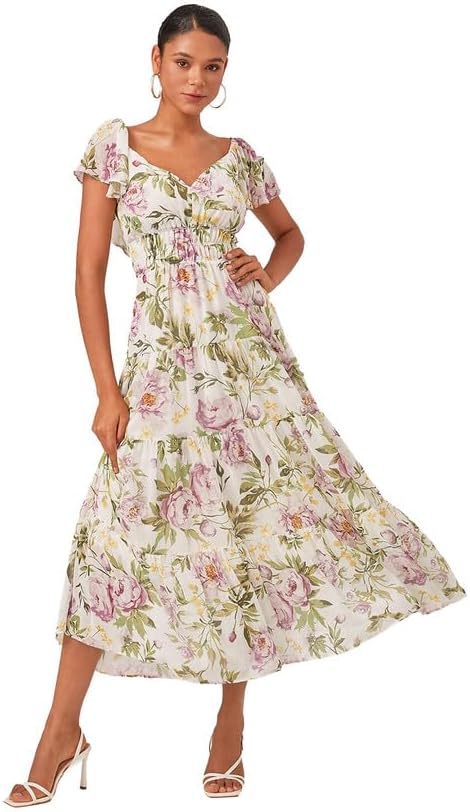 ADOR Women's V Neck Chiffon Maxi Dress Floral Short Sleeve Smocked Empire Waist Backless Ruffle Summer Wedding Guest Dresses