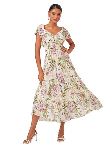 ADOR Women's V Neck Chiffon Maxi Dress Floral Short Sleeve