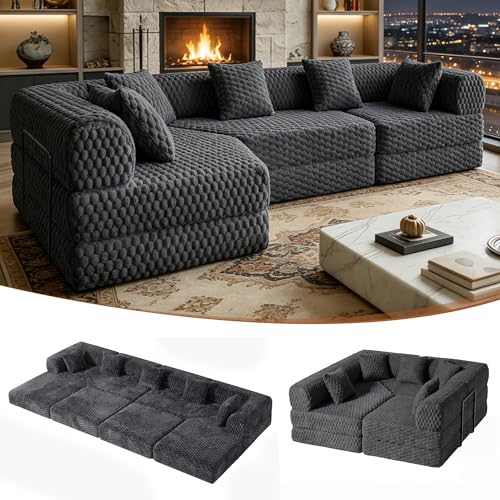 Hretanant 109" L Shaped Modular Sectional Sofa, Convertible Sleeper Sofa