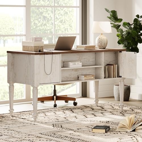 WAMPAT Home Office Furniture Set, 56\" Executive Desk with Charging Station, 72\" Tall Bookcase with 4 Wooden Doors, Wood Computer Desk with File Cabinet Storage, Open Shelf, Rustic White
