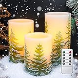 PETRISTRIKE Christmas Flameless Candles with Timer, Battery Operated Wax Led Pillar Candles, Christmas Tree Flickering Candles for Holiday Home Decor, Gift Set of 3