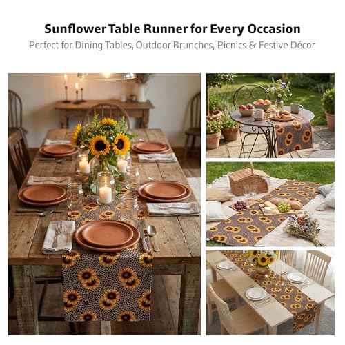 Image of 135 cm Dining Table Runner - Sunflower Animal Print Theme,Digital Print, Washable, Indoor /Outdoor, Heat-Proof, Wipe & Clean (135X33 cm) Yellow & Brown