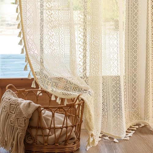 Anmao Boho Curtains Crochet Lace Semi-Sheer Hollow Out Knitted Tassels Curtain 84 Inch Length...