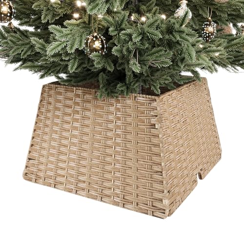 ELYKEN 23 Inch Rattan Christmas Tree Collar, Wicker Woven Xmas Tree Skirt, Rustic Farmhouse Basket for Tree Base Cover with Cord Cut-Out for Small mini Pencil Silm Artificial Trees Xmas Decor