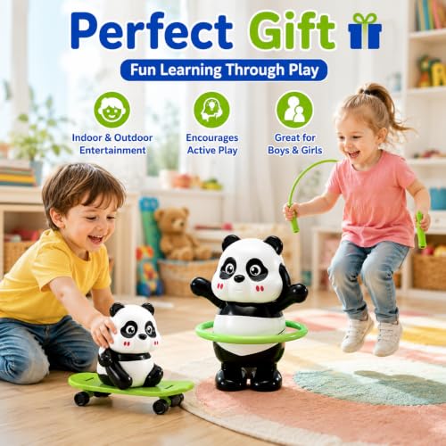 Image of Panda Toy Set for Kids 3 Pcs, Cute Moving & Rotating Action Figures with Skateboard, Hoop and Handle Designs | Interactive Plastic Play Toys for Boys & Girls Age 3 Years and Above