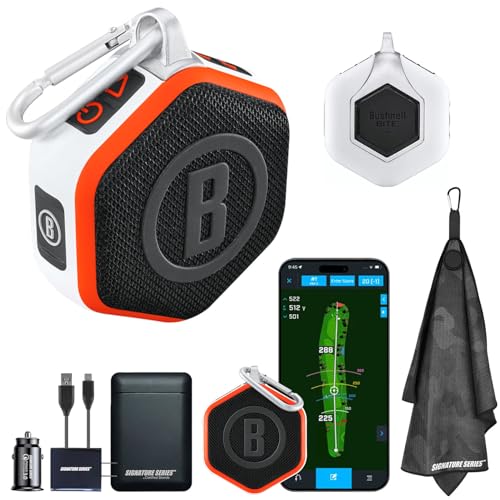Bushnell Golf Wingman Mini GPS Speaker (Orange/White) | Magnetic Mount, Music & Audible Distances for 38,000+ Courses, Carabiner Clip, Waterproof, 36-Hole Battery, with Signature Series Power Bundle