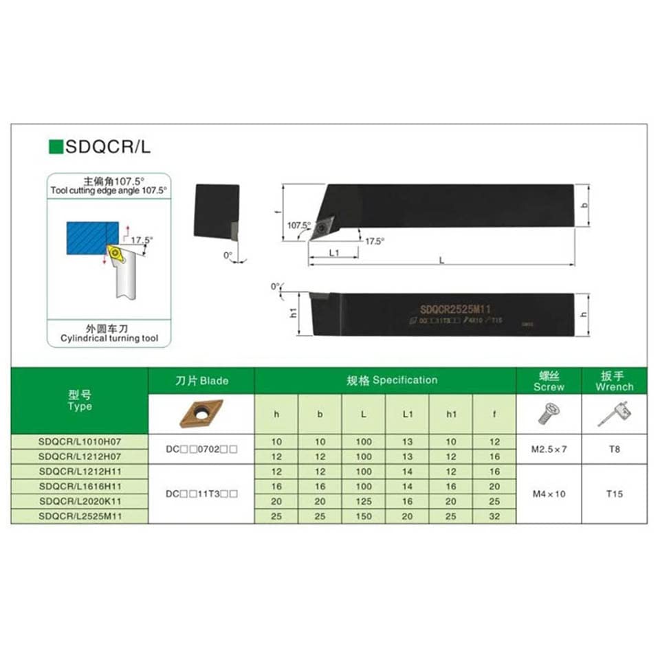 1pc SDQCR1010H07 SDQCR1212H07 SDQCR1212H11 SDQCR1616H11 SDQCR2020K11 SDQCR2525M11 SDQCL CNC Metal External Lathe Turning Tool Holder(SDQCL,2020K11)