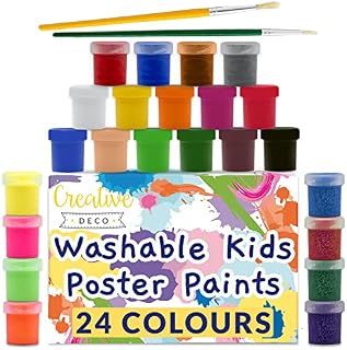 Creative Deco Washable Paint for Kids Poster Paint Set | 20 ml x 24 Pots | Children Toddlers Finger Paints | Basic Fluorescent Glitter Metallic Neon Colours | Safe & Non-Toxic Quick Dry & Matte Finish