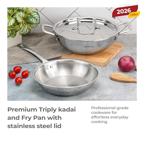 Lifelong Triply 3 piece cookware Set| 22cm Fry Pan (1.25L) & 22cm Triply Kadhai (2L) with Common Steel Lid | Soft Touch Handle | Even Heat... - Image 2
