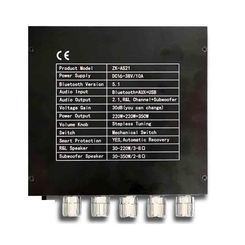 ZK-AS21 TPA3255 5.1 Power Amplifier 2.1 Channel 220Wx2+350W Digital Audio AMP with Treble and Bass Control