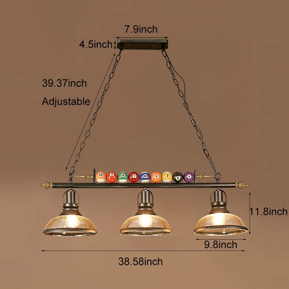 Pool Table Lighting Fixtures Ceiling Lamp for Game Room Beer Party 7' - 8 ' Table,Black Metal Ball Design Billiard Pendant Lamp with 3 Glass Shades (3 Heads Glass Shades)