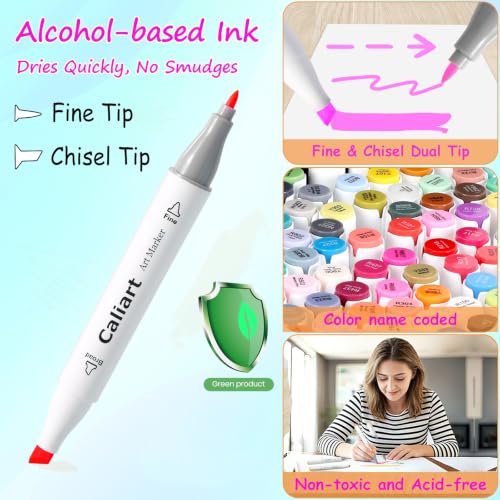 Image of Caliart 121 Colors Alcohol Markers Dual Tip Art Marker Set Chisel & Fine | Permanent Colored Pens with Case for Beginners Artists Adults Coloring Book Sketch Illustration Painting School Supplies Gift