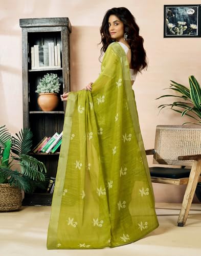 Image of SIRIL Women's Printed Cotton Linen One Minute Ready to Wear Saree With Unstitched Blouse Piece