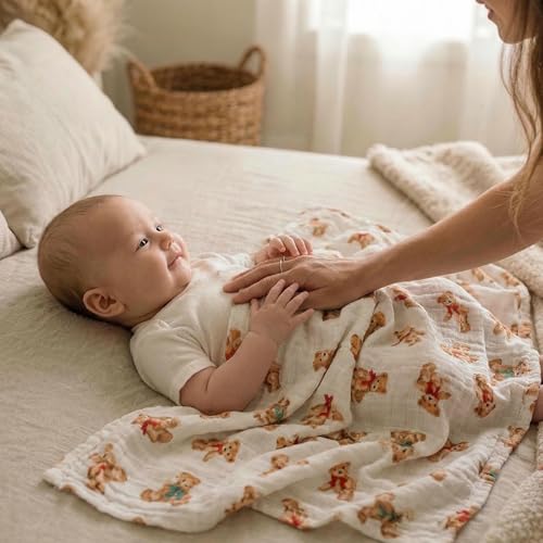 Image of GLLQUEN BABY Receiving Blanket Boy Cotton Muslin Swaddle Blankets Girl Newborn Squares Breathable & Soft Thin Baby Blankets Cloths Double Absorbent Infant Swaddling Wrap - 6 Pack (Christmas Bear)