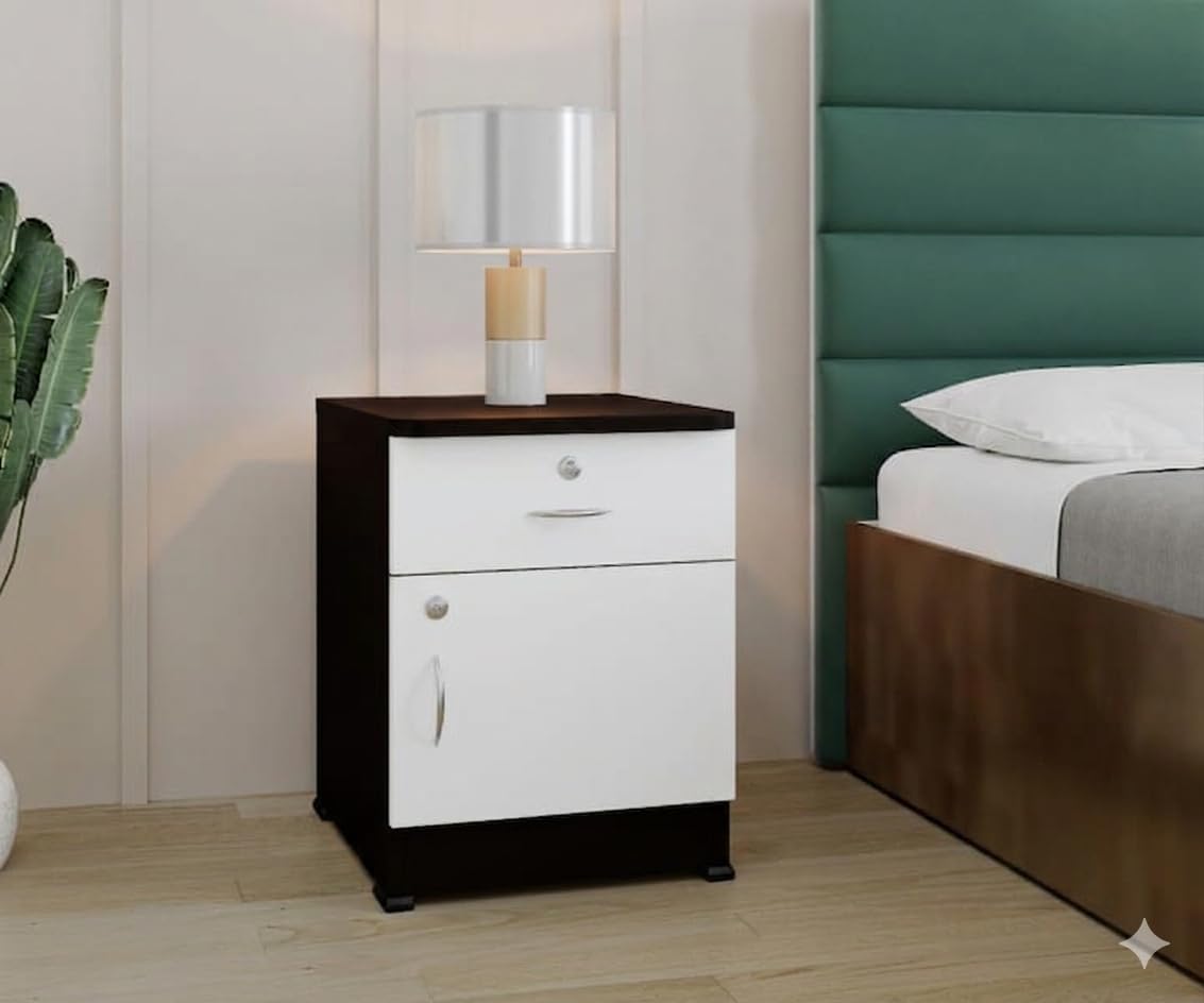 AG Wooden Bedside Table with Drawer & Cabinet | Modern Nightstand for Bedroom, Living Room | Side Table with Storage | Pre-Assembled Wooden Bedside Cabinet (White & Black, 45 x 35.5 x 61 cm)-image-8